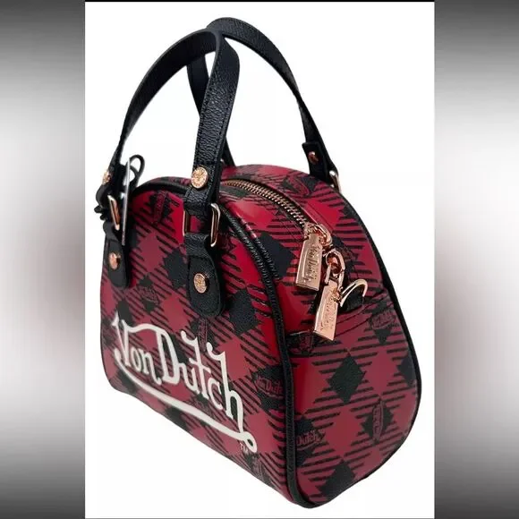 VON DUTCH Red and Black Plaid Mini Bowling Bag - Picture 6 of 11
